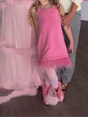 Lola + boys Pink Rhinestome Dress with Feather Trim. Size 6.